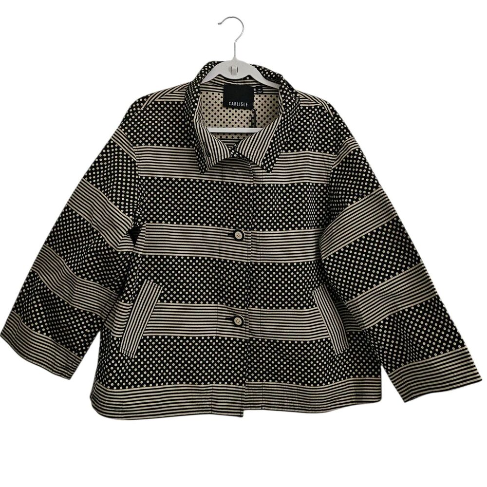 Carlisle Jacket 16 Tan Black Polka Dot Striped Button Front High Neck Coat NWT